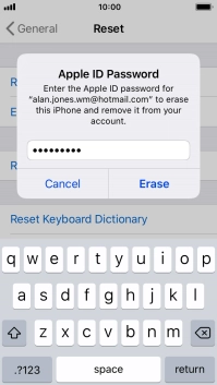 Key in the password for your Apple ID and press Erase. Wait a moment while the factory default settings are restored. Follow the instructions on the screen to set up your phone and prepare it for use.