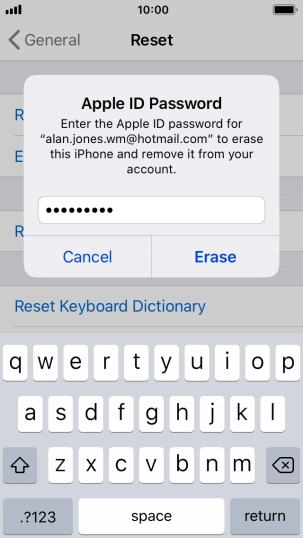 Key in the password for your Apple ID and press Erase. Wait a moment while the factory default settings are restored. Follow the instructions on the screen to set up your phone and prepare it for use.