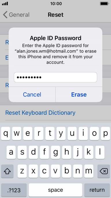 Key in the password for your Apple ID and press Erase. Wait a moment while the factory default settings are restored. Follow the instructions on the screen to set up your phone and prepare it for use.