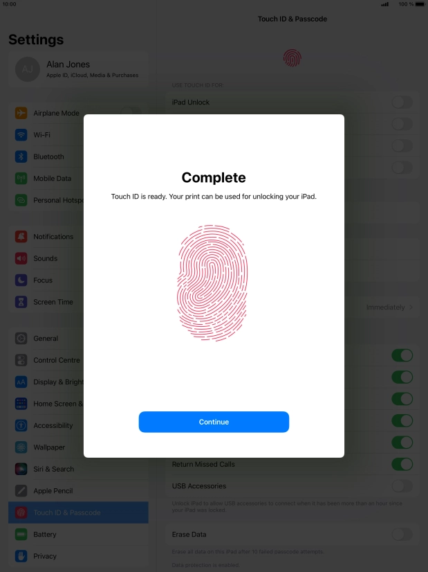 Press Continue. If you haven't previously selected a lock code, key in a code of your own choice twice.