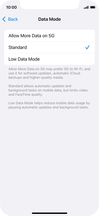 Press the required setting.