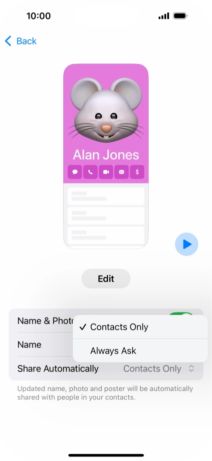 Press the required setting.