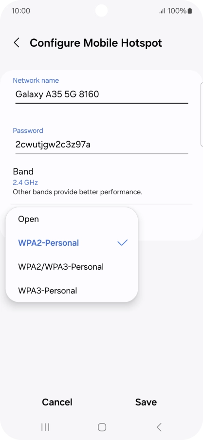 Press WPA3-Personal to password protect your Wi-Fi hotspot.
