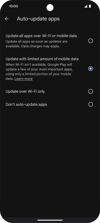 To turn on automatic update of apps using mobile network, press Update all apps over Wi-Fi or mobile data.