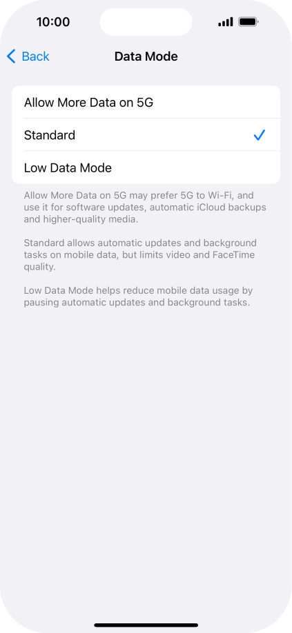 Press the required setting.