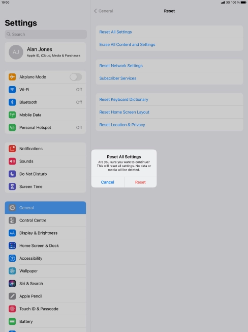 Press Reset. Wait a moment while the factory default settings are restored. Follow the instructions on the screen to set up your tablet and prepare it for use.