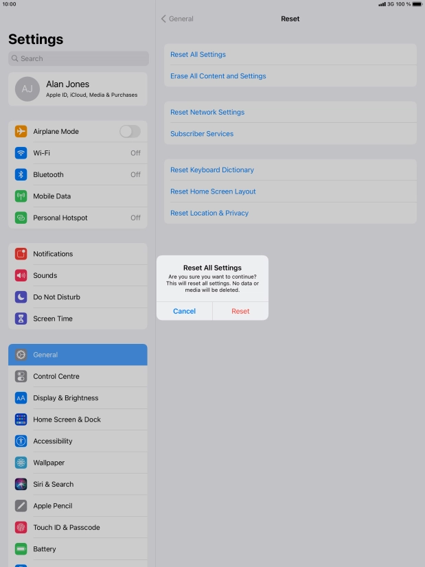Press Reset. Wait a moment while the factory default settings are restored. Follow the instructions on the screen to set up your tablet and prepare it for use.