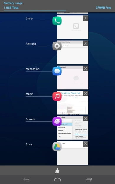 To end one running application, slide your finger right on the required application.