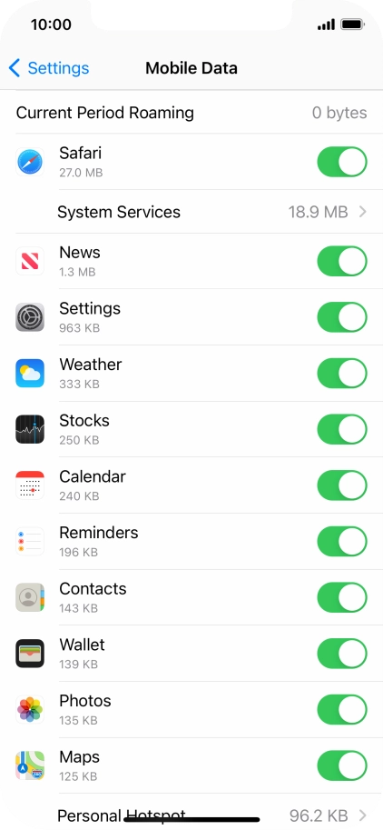The data usage for each application is displayed below the name of the application.