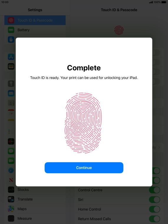 Press Continue. If you haven't previously selected a lock code, key in a code of your own choice twice.