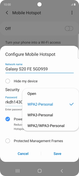 Press WPA2-Personal to password protect your Wi-Fi hotspot.