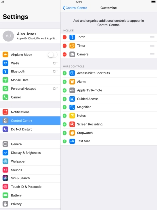 Press the delete icon next to the required function to remove it from Control Centre.