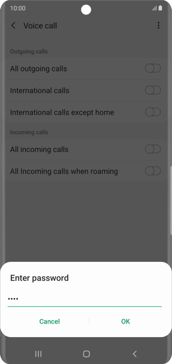 Key in your barring password and press OK. The default barring password is 0000.