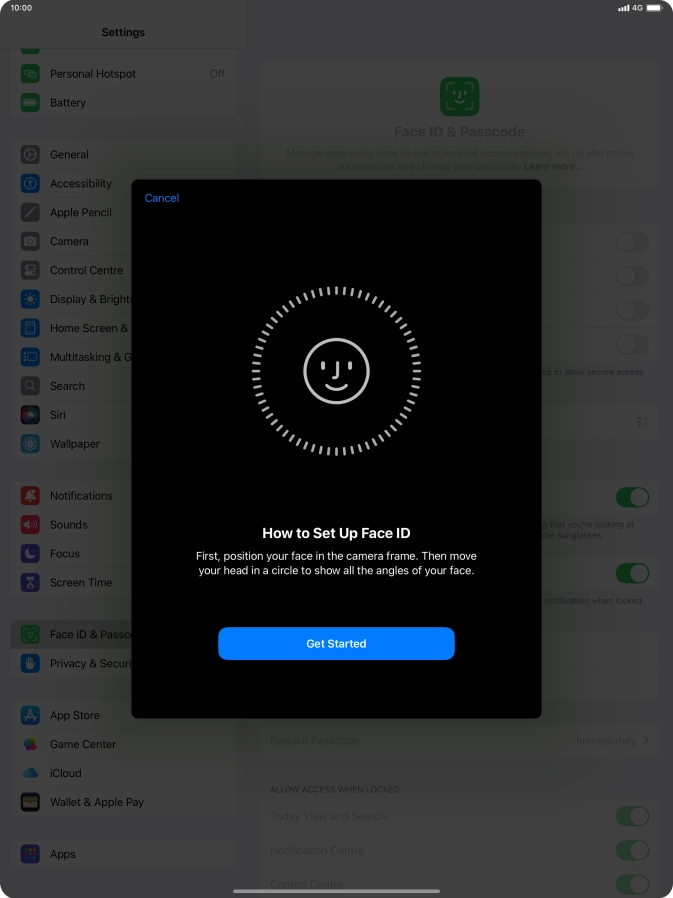 Press Get Started and follow the instructions on the screen to set up Face ID.