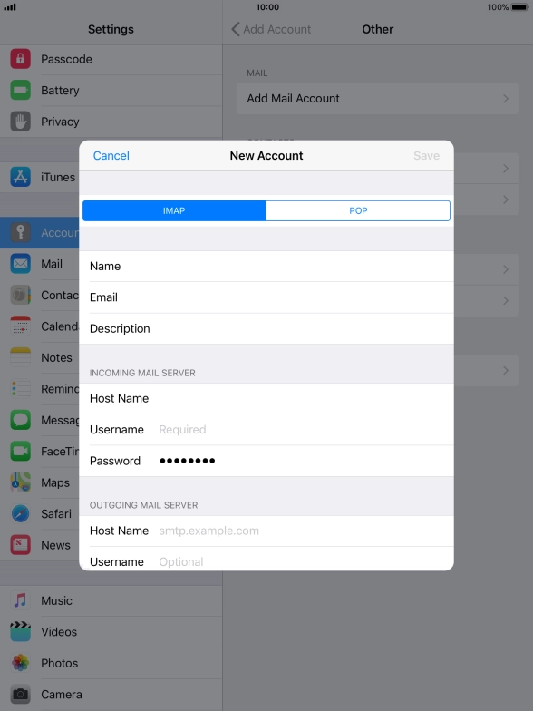 Press Username and key in the username for your email account.