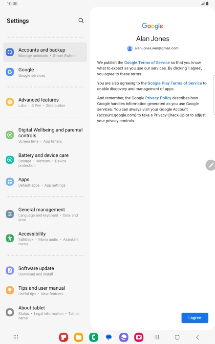 Press I agree and follow the instructions on the screen to select settings for your Google account.