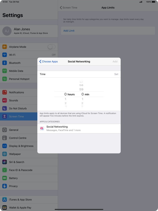 Set the required time limit for use of the selected category.