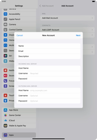 Press Username and key in the username for your email account.
