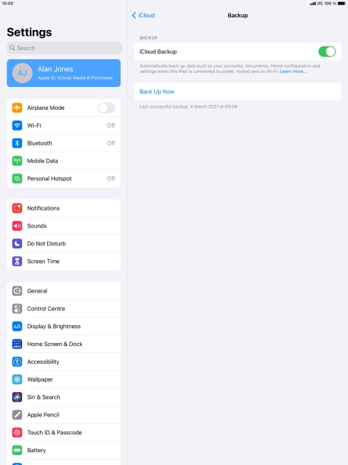 Press Back Up Now and wait while the tablet memory is backed up.
