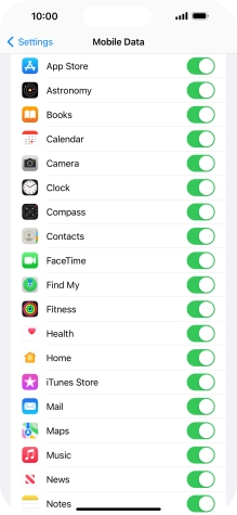 Press the indicators next to the required applications to turn the function on or off.