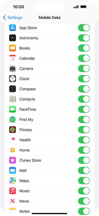 Press the indicators next to the required applications to turn the function on or off.