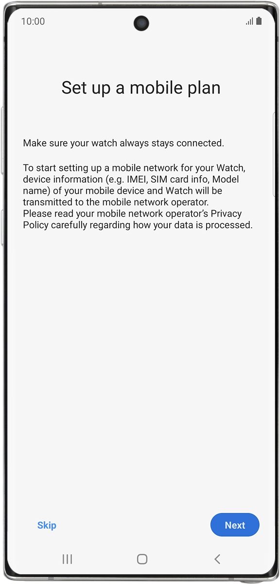 On your phone: Press Next and follow the instructions on the screen to set up mobile data.