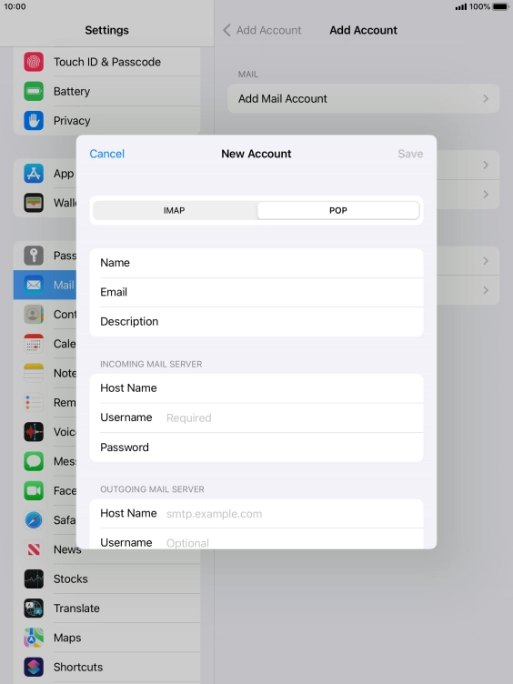 Press Username and key in the username for your email account.
