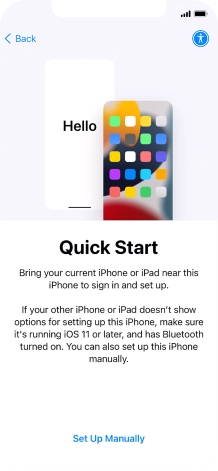 Follow the instructions on the screen to transfer content from another device running iOS 11 or later or press Set Up Manually.