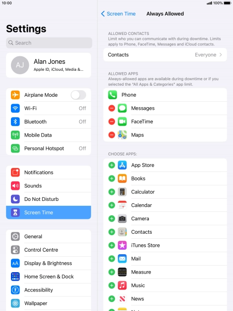 Press the add icon next to the required app to add it to the list of allowed apps during Downtime.