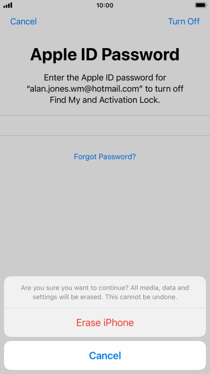 Key in the password for your Apple ID and press Erase iPhone. Wait a moment while the factory default settings are restored. Follow the instructions on the screen to set up your phone and prepare it for use.