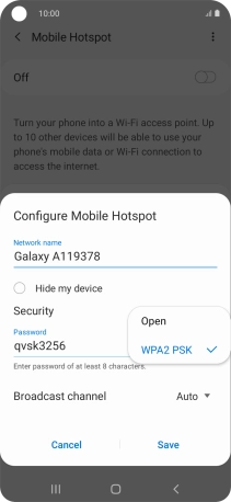 Press WPA2 PSK to password protect your Wi-Fi hotspot.