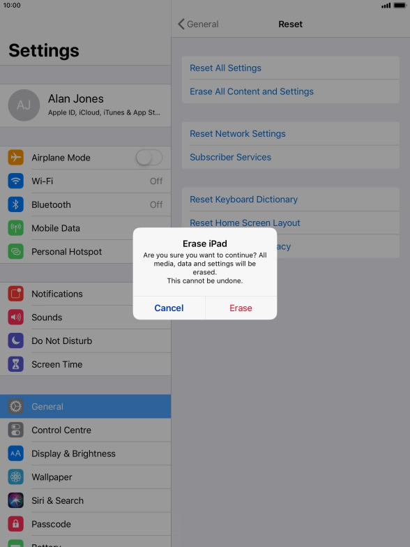 Press Erase. Wait a moment while the factory default settings are restored. Follow the instructions on the screen to set up your tablet and prepare it for use.