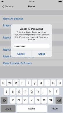 Key in the password for your Apple ID and press Erase. Wait a moment while the factory default settings are restored. Follow the instructions on the screen to set up your phone and prepare it for use.