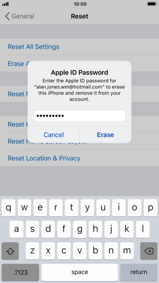 Key in the password for your Apple ID and press Erase. Wait a moment while the factory default settings are restored. Follow the instructions on the screen to set up your phone and prepare it for use.