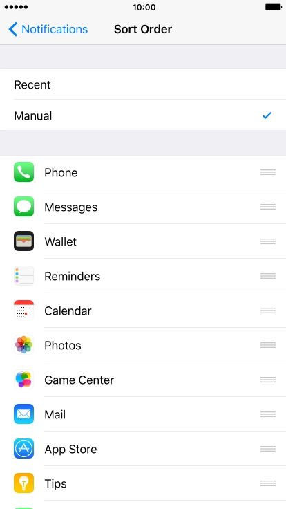 To sort notifications manually, press the organise icon next to the required menu item and drag it to the required position on the list.