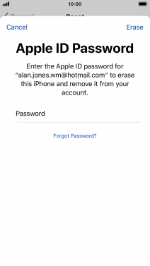 Key in the password for your Apple ID and press Erase. Wait a moment while the factory default settings are restored. Follow the instructions on the screen to set up your phone and prepare it for use.