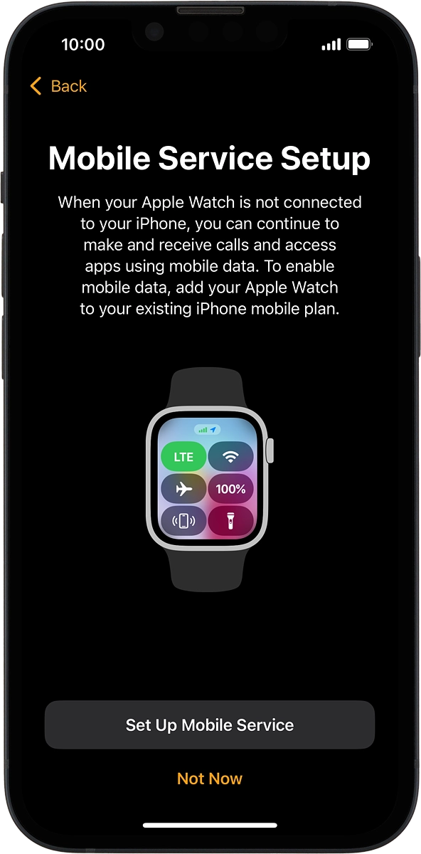On your phone: Follow the instructions on the screen to set up mobile data on your Apple Watch or press Not Now. Go to the Vodafone support page for more information.