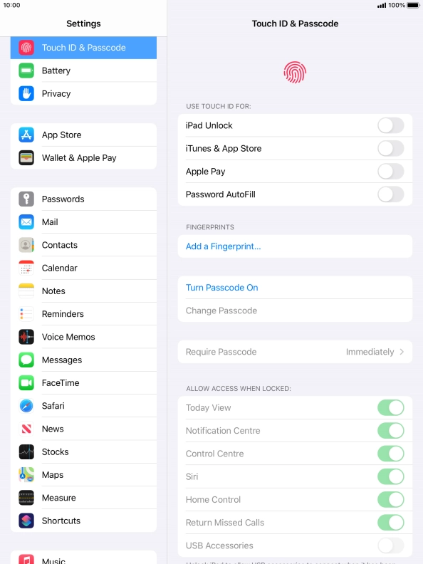 Press Turn Passcode On and key in a lock code of your own choice twice.