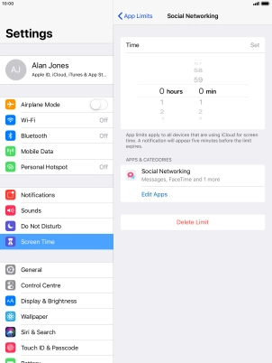 Set the required time limit for use of the selected category.