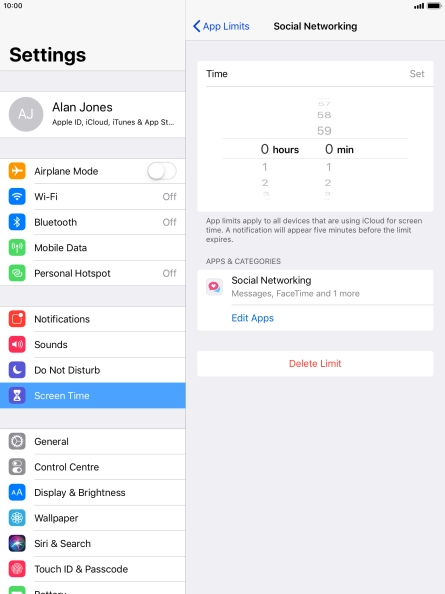 Set the required time limit for use of the selected category.