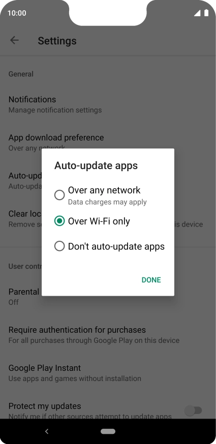 To turn on automatic update of apps using mobile network, press Over any network.