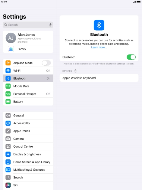 Press the required Bluetooth device and follow the instructions on the screen to pair the device with your tablet.