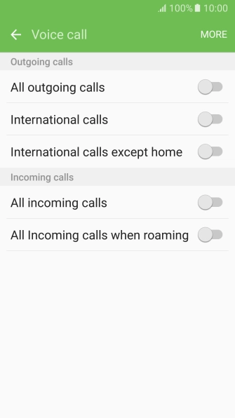Press the indicator next to the required barring type to turn the function on or off.
