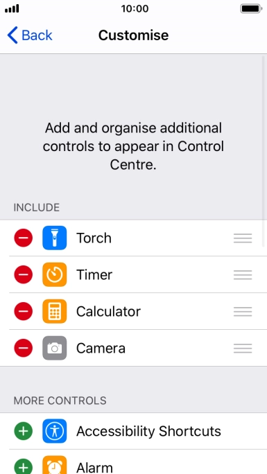 Press the delete icon next to the required function to remove it from Control Centre.