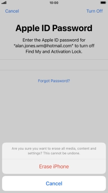 Key in the password for your Apple ID and press Erase iPhone. Wait a moment while the factory default settings are restored. Follow the instructions on the screen to set up your phone and prepare it for use.