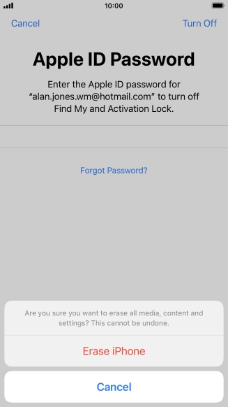 Key in the password for your Apple ID and press Erase iPhone. Wait a moment while the factory default settings are restored. Follow the instructions on the screen to set up your phone and prepare it for use.