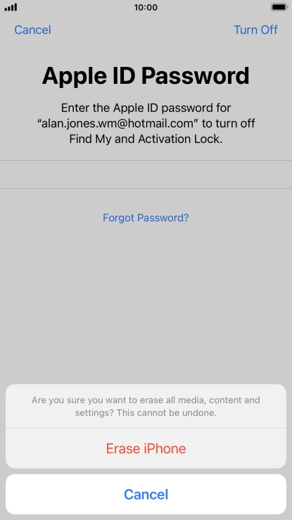 Key in the password for your Apple ID and press Erase iPhone. Wait a moment while the factory default settings are restored. Follow the instructions on the screen to set up your phone and prepare it for use.