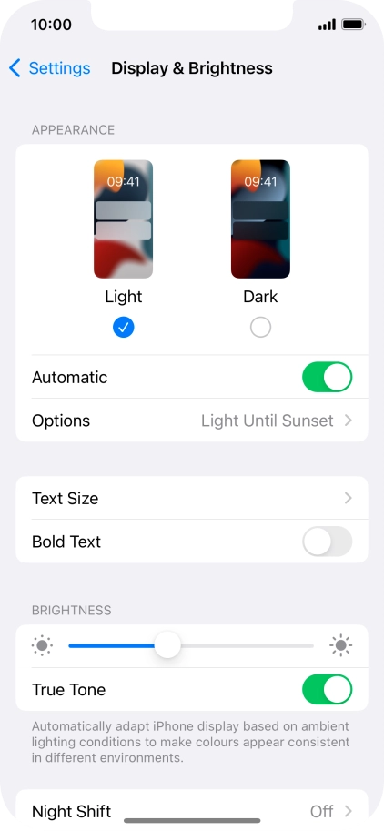 If you turn on the function, press Options and follow the instructions on the screen to select the required period of time for Dark Mode.
