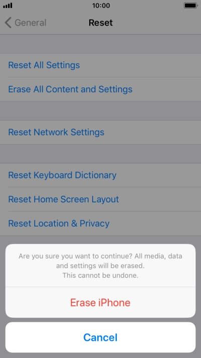 Press Erase iPhone. Wait a moment while the factory default settings are restored. Follow the instructions on the screen to set up your phone and prepare it for use.