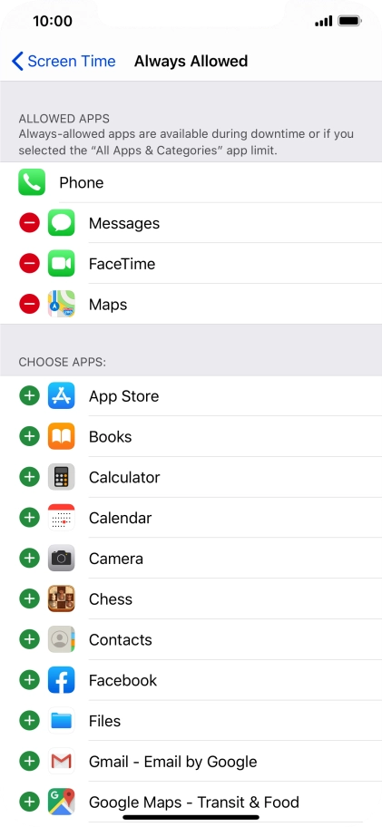 Press the add icon next to the required app to add it to the list of allowed apps during Downtime.